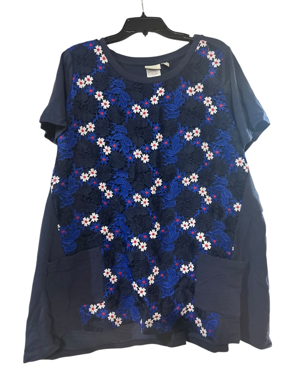 LOGO by Lori Goldstein Navy Blue Floral Lace Front Tunic